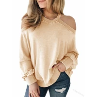 spring and autumn t shirt top womens off shoulder loose t shirt womens sexy long sleeve v neck solid color pullover t shirt