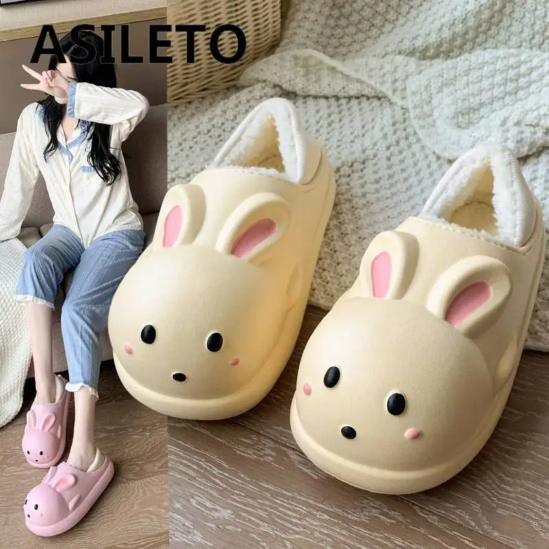 

ASILETO, новинка 2022, хлопковые тапочки с кроликом, женские зимние теплые плюшевые тапочки для дома и улицы