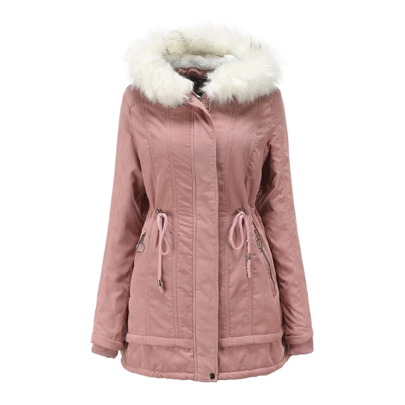 Cotton Coat Women Mid-length Hooded Winter Warm Fleece Coat Women's Cotton Coat Cold-proof Coat White Fur Collar