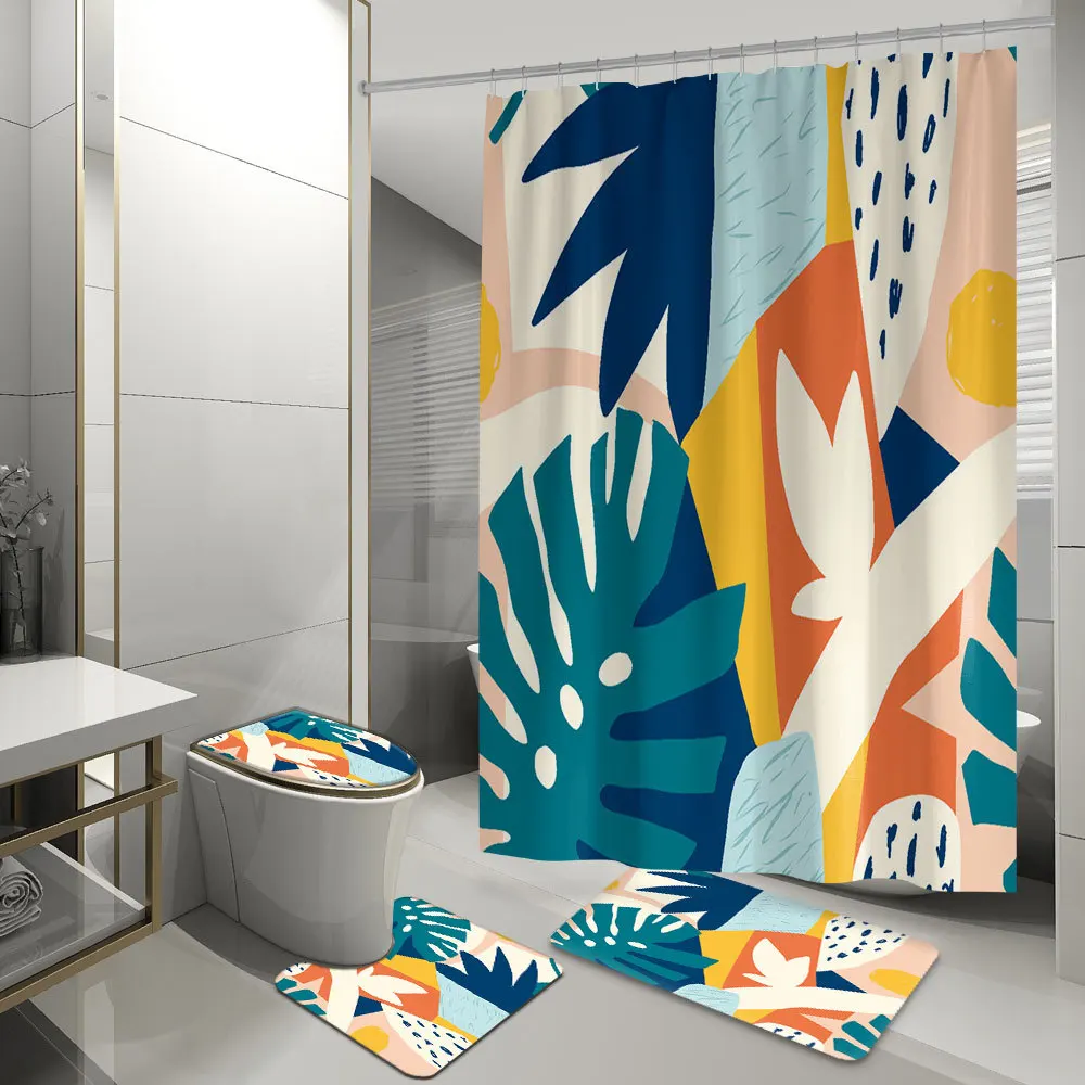 

Leaves Fruit Pattern Shower Curtain Bath Mat Set Microfiber Toilet Carpet Bathroom Floor Mat Washable Toilet Seat Cover Mat