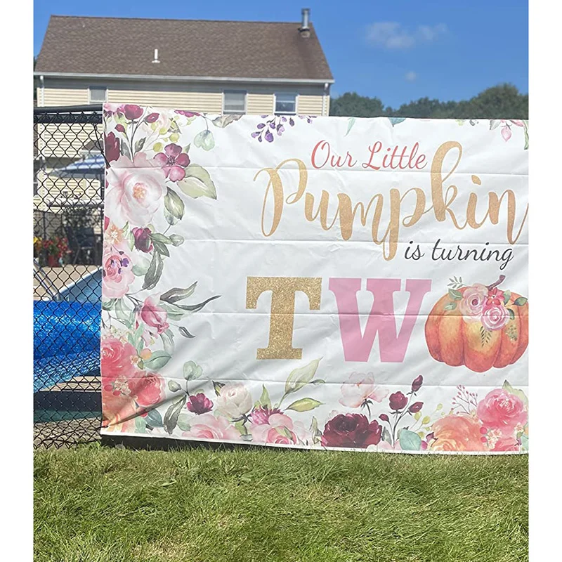 Little Pumpkin Backdrop Happy 2nd Birthday Two Years Old Baby Shower Party Cake Banner Photo Booth Background for Girls Boys enlarge