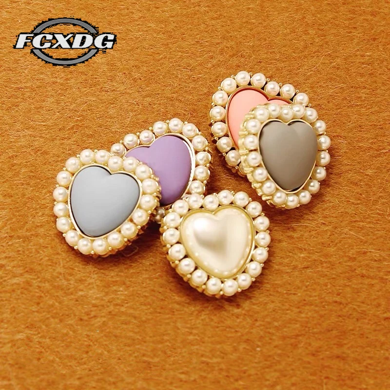 10pcs/lots 23mm Heart-shaped Pearl Buttons for Clothing White Blue Pink Heart Metal Buttons Fashion Decorative Buttons for Shirt