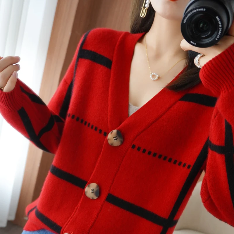 

100% pure wool cardigan women's V-neck striped color-block top autumn /winter casual knitted loose women's cashmere sweater
