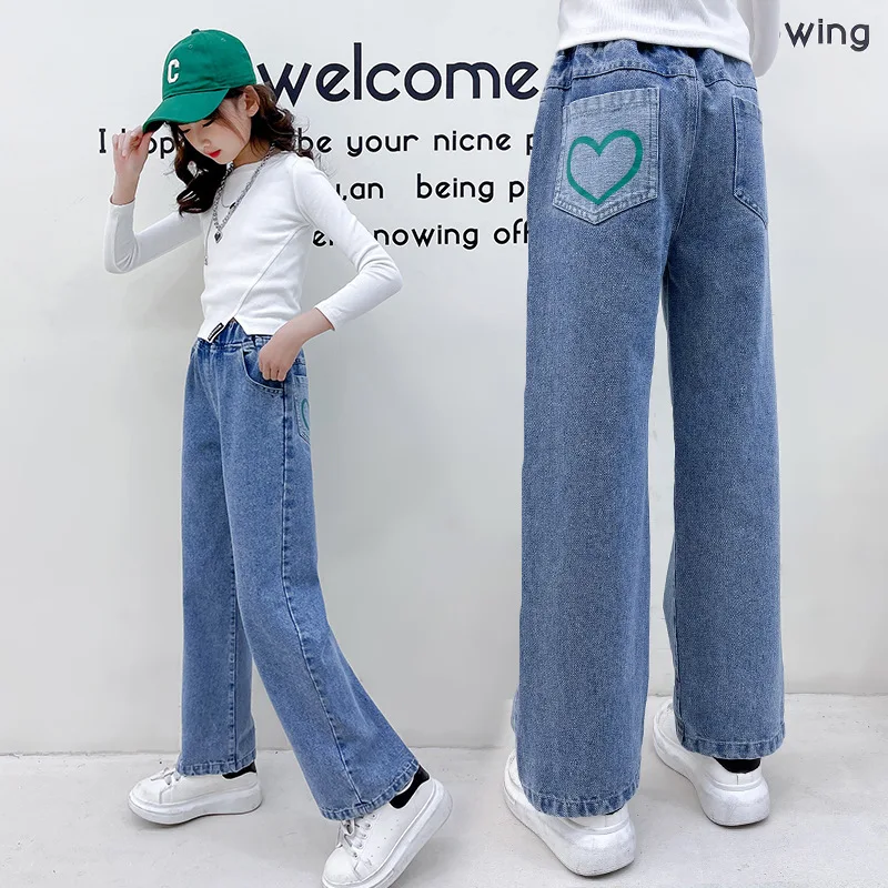 

Girls Jeans 2022 Spring Autumn Children Loose Straight Wide Leg Pants Heart Pocket Kids Denim Long Trousers Teen Girls Clothes