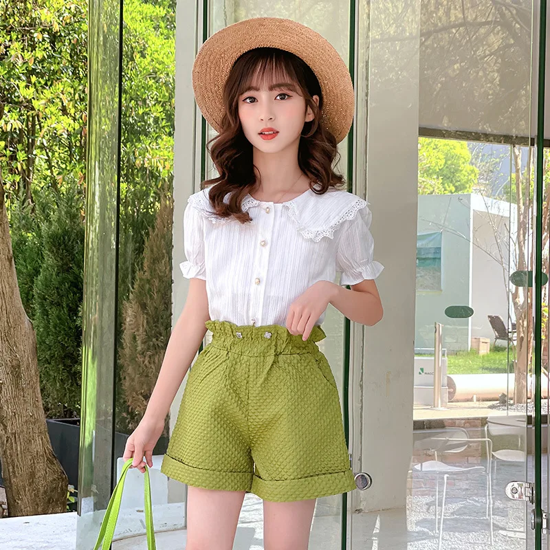 

Комплект одежды для девочек из 2 предметов, топ с коротким рукавом и шорты, кружевной воротник, детский спортивный костюм, лето