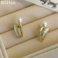 mihan 925 silver needle women jewelry geometric earrings popular design white enamel simulated pearl stud earrings for girl
