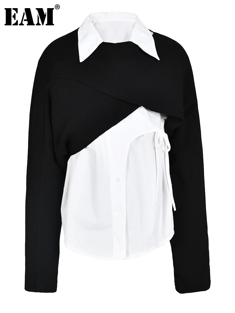 

[EAM] Women Black Knitting Big Size Irreuglar Blouse New Lapel Long Sleeve Loose Fit Shirt Fashion Spring Autumn 2023 Cp1618