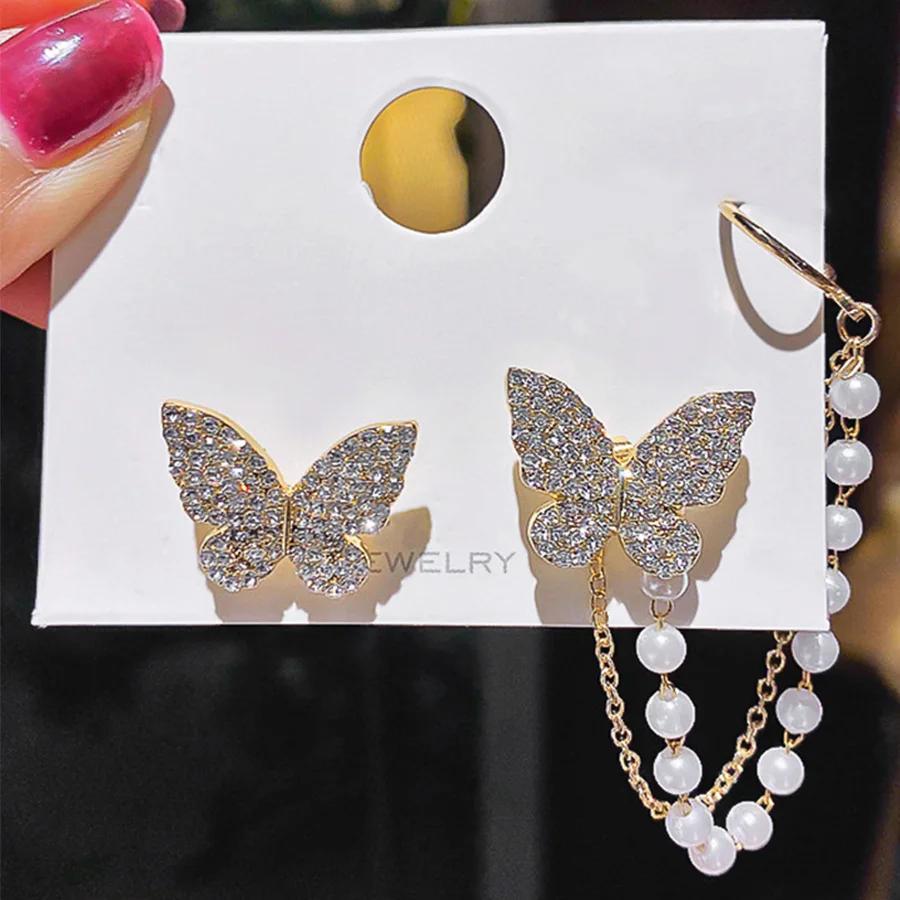 

Korean Fashion Asymmetrical Butterfly Drop Earrings For Women Imitation Pearl Chain Shiny Zircon Earring Girl Party Jewelry Gift