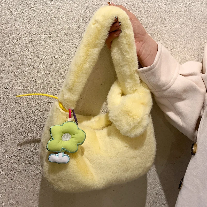 

Soft Plush Women Armpit Bag New Ladies Shoulder Bag 2022 Winter Ins Cute Yellow Small Pack Girls Furry Tote Bags Purse Handbag