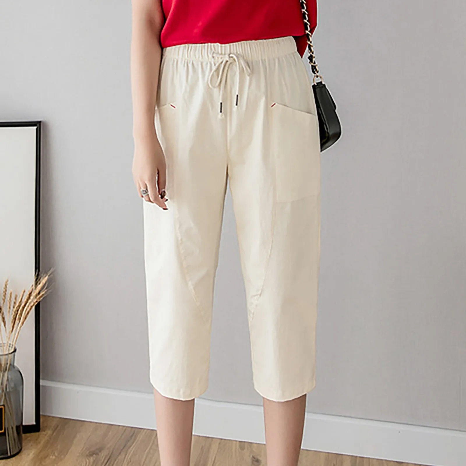 Summer White Cotton Line Pants Women 2023 Loose Elastic Waist Cropped Trousers Woman New Big Pocket Lace Up Casual Pantalones