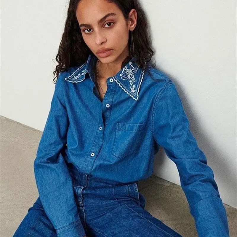 

Women Shirt 2023 Spring and Summer New Blue Embroidered Lapel Denim Shirt