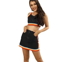short skirt set women crop tops sexy high waist mini denim sports skirts with pocket side stripe two piece denim jeans skirt set