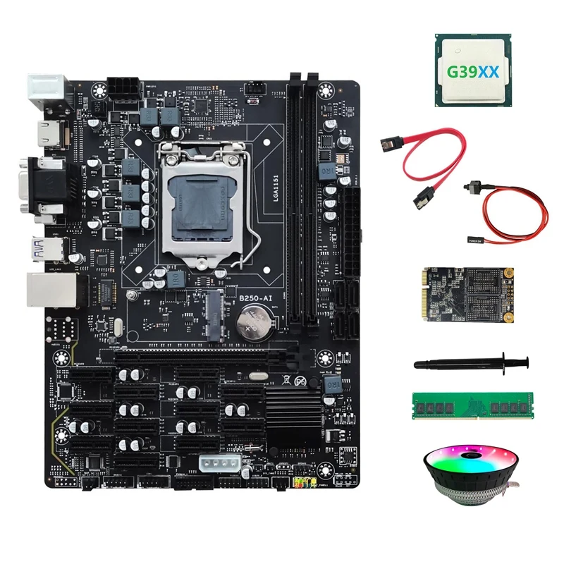 

B250 V2.1 ETH Miner Motherboard 12PCIE+G39XX CPU+DDR4 4GB RAM+128G MSATA SSD+Fan+SATA Cable+Switch Cable+Thermal Grease