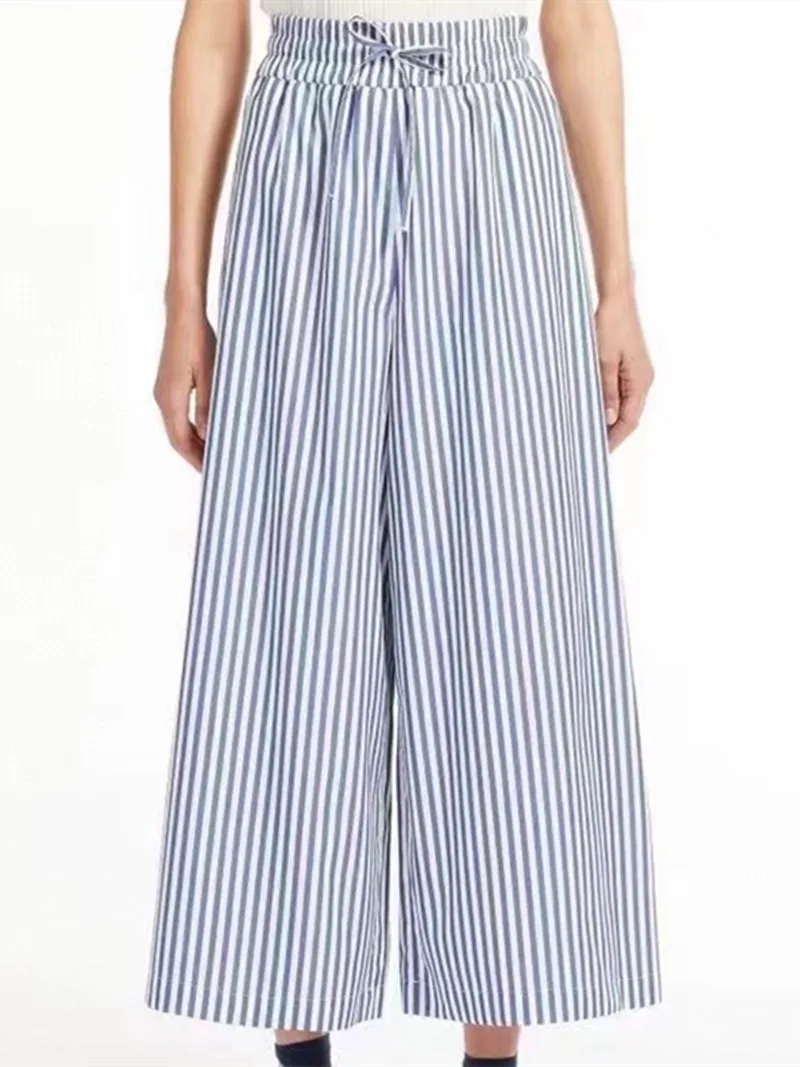 

Lace-Up Wide-Leg Pants Women's Striped Elastic Waist Casual Straight High Waist Female Cotton Ankle-Length Pants 2022 Summer New