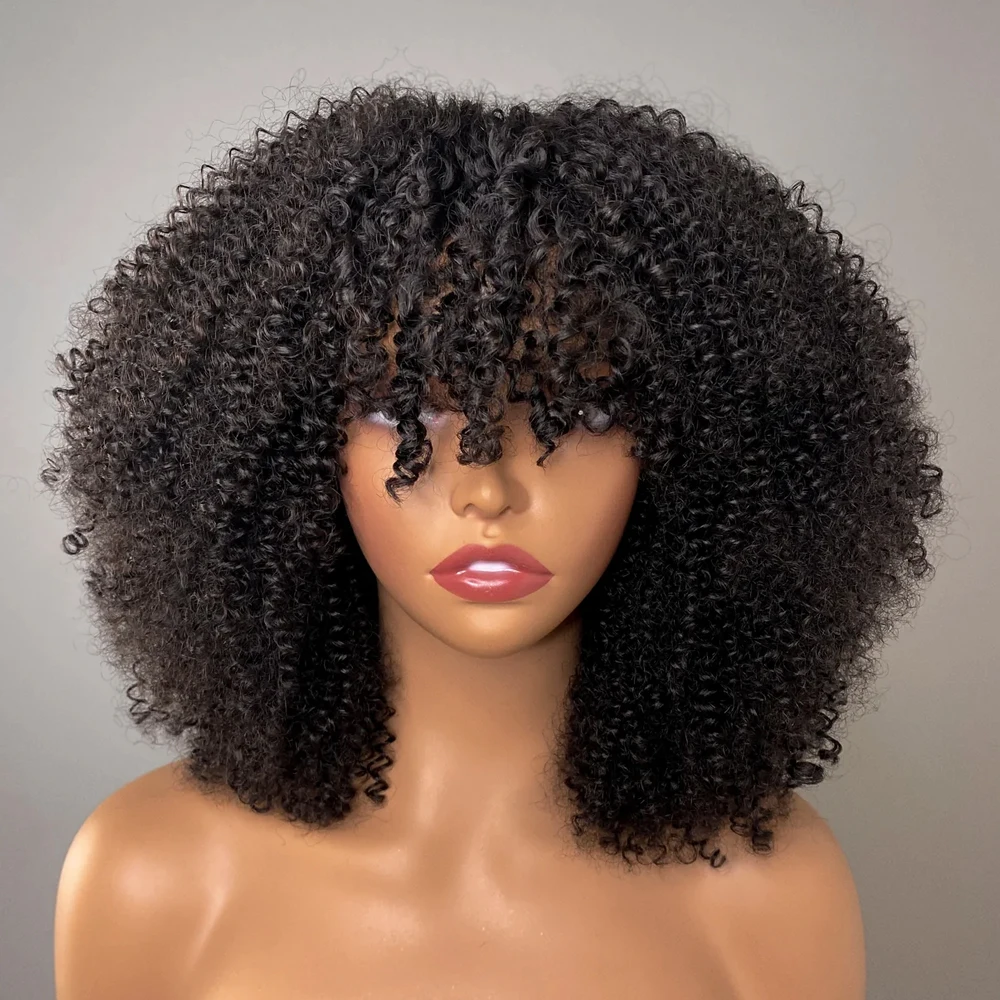 

Afro Kinky Curly Wigs with Bangs 200% Density Brazilian Remy Human Hair Full Machine Made Wigs Short Afro Curly Wigs For Women