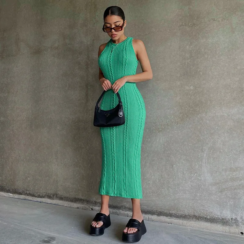 

New Summer Solid Color Knitted Sleeveless Round Neck Dress Women Outfits Streetwear Clubwear Casual Urban Bodycon Tank Dresses