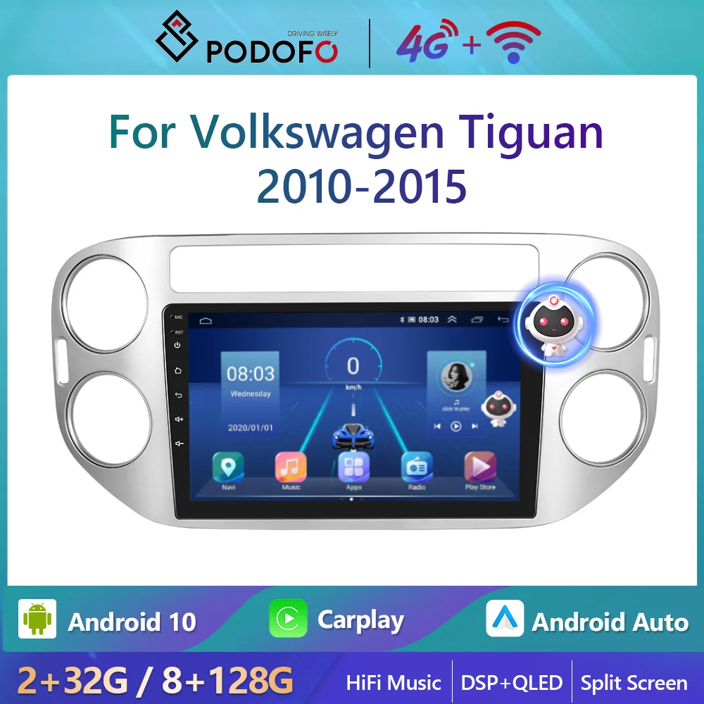 

Автомагнитола Podofo, 4G, Wi-Fi, Android, для Volkswagen Tiguan 2010-2015, 8 + 128 ГГц