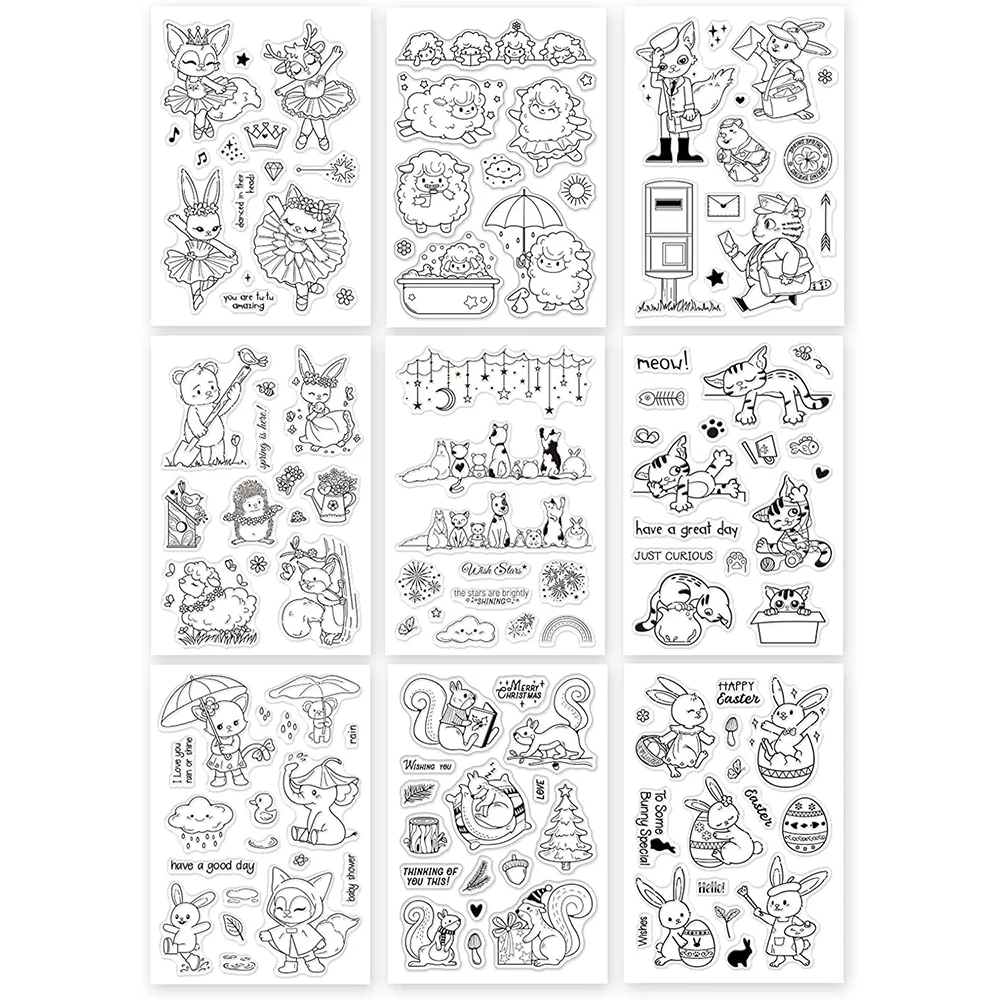 

9 Sheets Animals Theme Silicone Clear Stamps Seal for Card Making Decor DIY Scrapbooking Rabbit Sheep Cat Fox Cat Dog Squirrel
