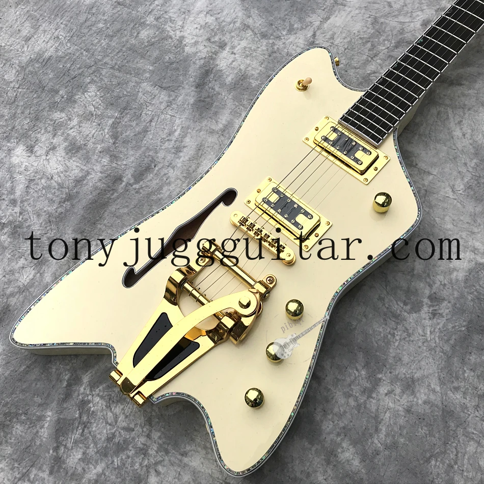 

Billy Bo Jupiter Cream Fire Thunderbird Semi Hollow Body Electric Guitar Single F hole, Abalone Binding, Bigs Tremolo Bridge