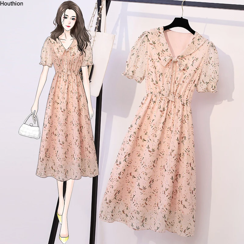 

Women Dress Chiffon Midi Draw Back Lantern Sleeve New Korean Knee-Length Fashion Houthion