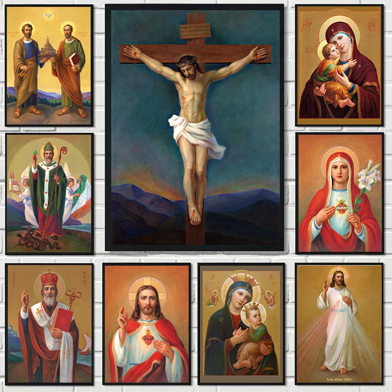 

Vintage Catholic Art Canvas Painting Jesus Virgin Mary Posters Wall Art Print Pictures for Modern Living Room Home Decor Murals