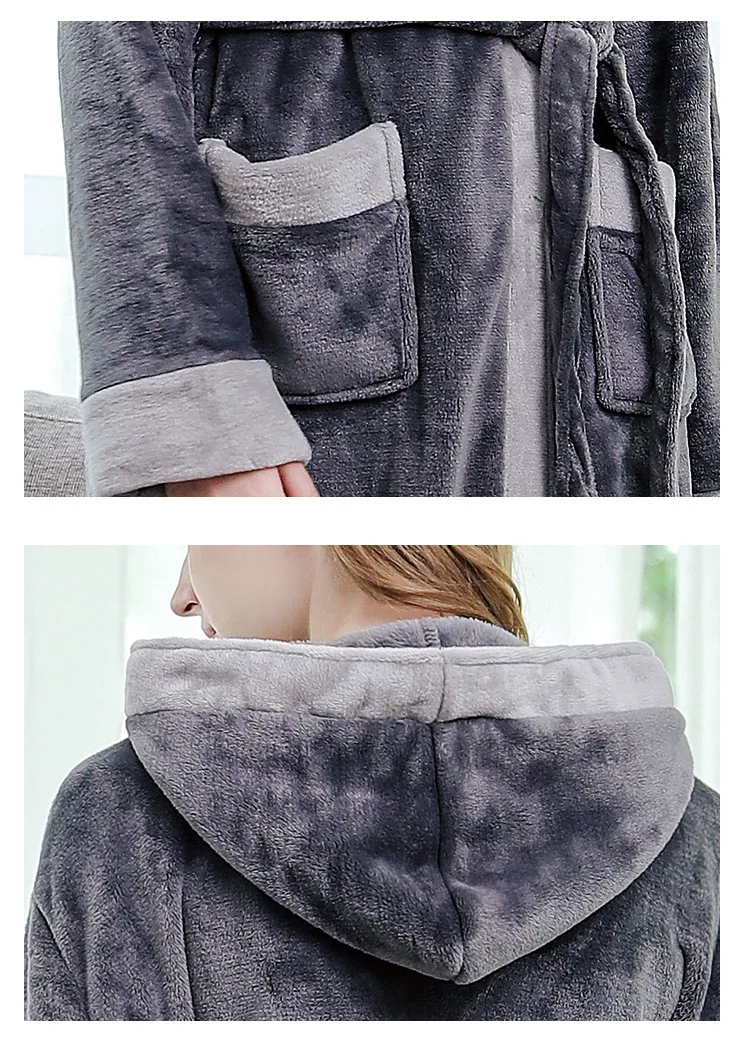 Long Bathrobe Women Soldi Hooded Winter Warm Ladies Kimono With Sashes Flannel Thick Solid Fleece Dressing Gown For Female