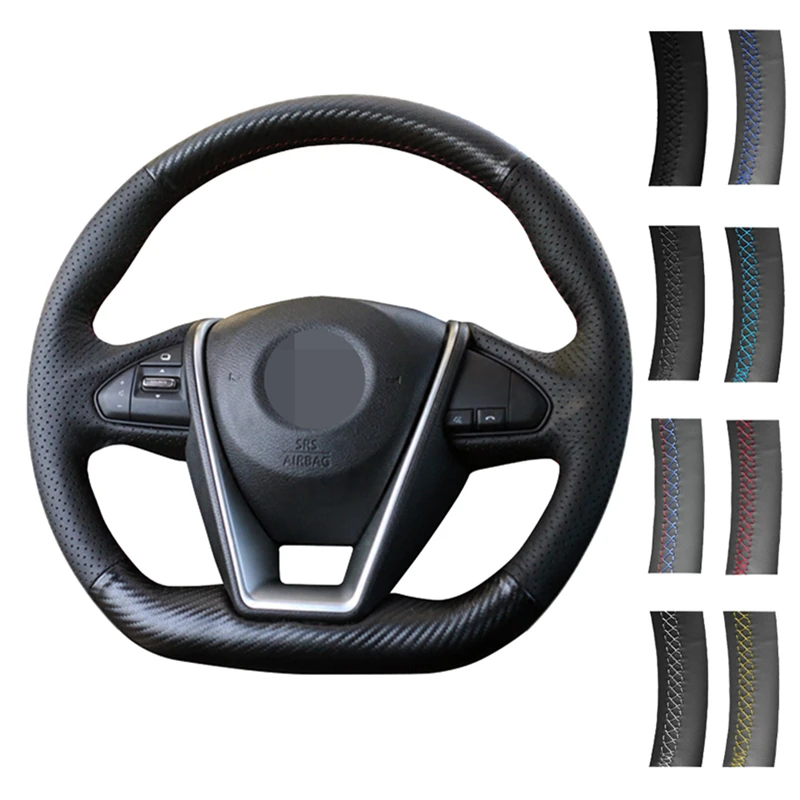 

DIY Car Steering Wheel Cover Black Hand-stitched Carbon Fiber Genuine Leather For Nissan Lannia 2015-2018 Maxima 2016 2017 2018