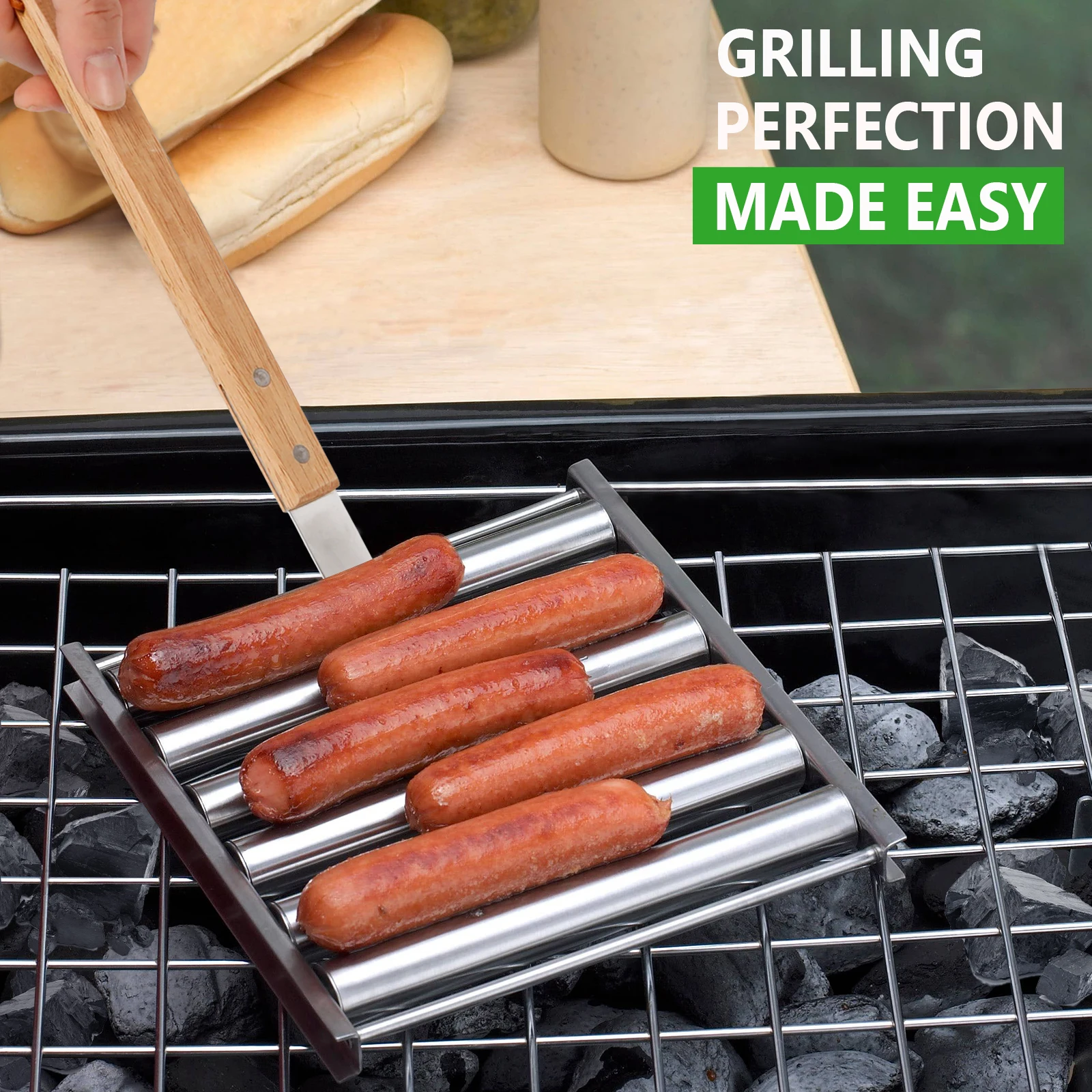 

Hotdog Roller Grillers BBQ Tools Hot Dog Roller with Extra Long Wood Handle Stainless Steel Sausage Roller Rack accessories