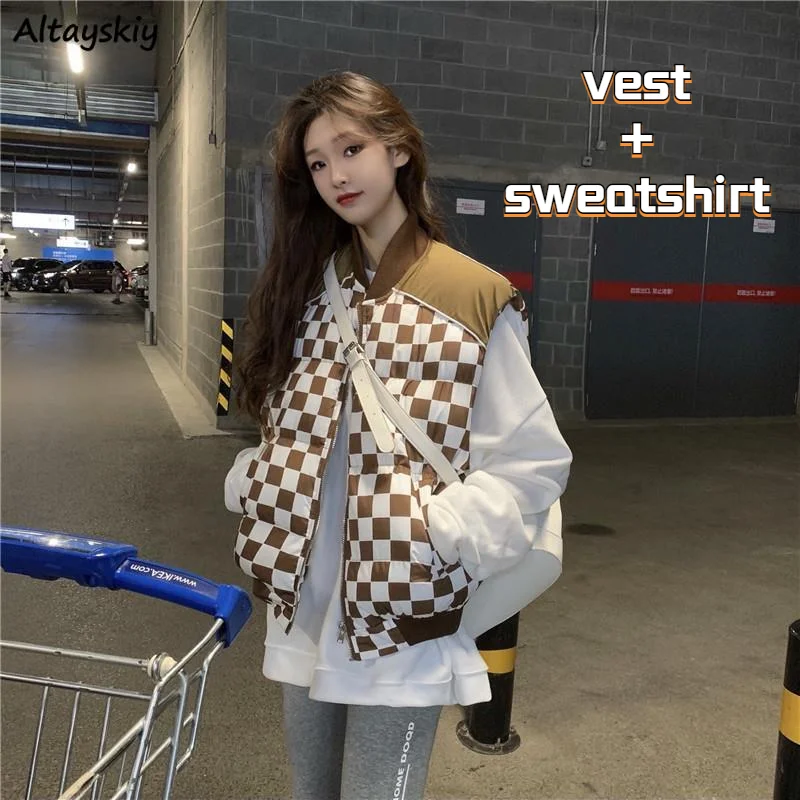 

Sets Women Vest and Sweatshirt Design Young Plaid Streetwear Unisex All-match Casual College Couples Pockets Spring Autumn Mujer