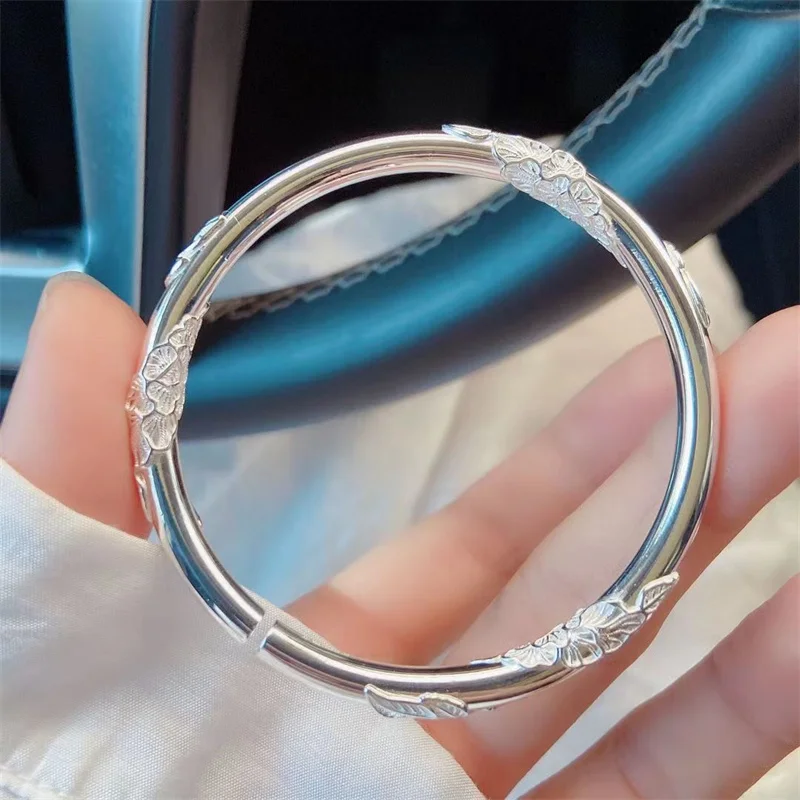 

Luxury Silver S925 Retro Push-pull Flower Branch Bangles For Girlfriend And Mother-in-law Mother Ethnic Silver Bracelet Gift