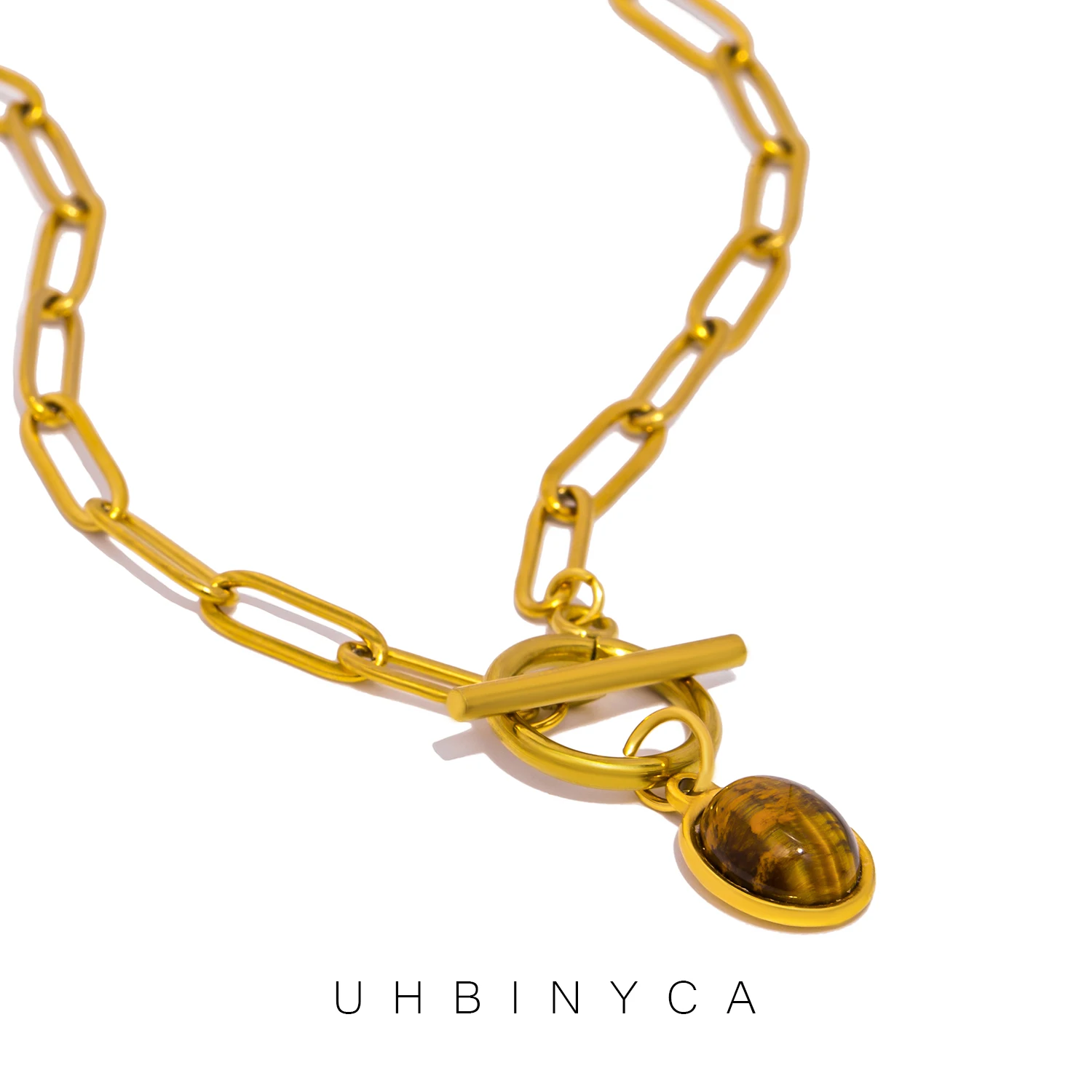Фото UHBINYCA модное ожерелье с подвеской из натурального камня тигрового ворса для женщин 18K цепочка с PVD-покрытием из нержавеющей стали модные ювелирные изделия подарок №1