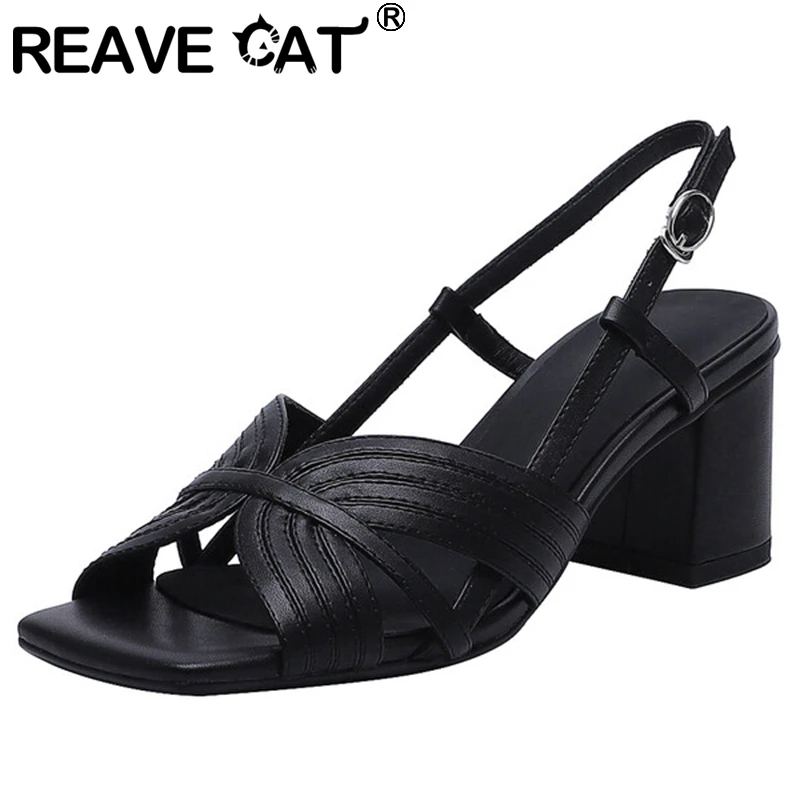 

REAVE CAT 2022 Lady Sandals Thick Heels Open Toe Full Grain Leather Retro Buckle Strap Roman Size 33-40 Black White Summer S3403