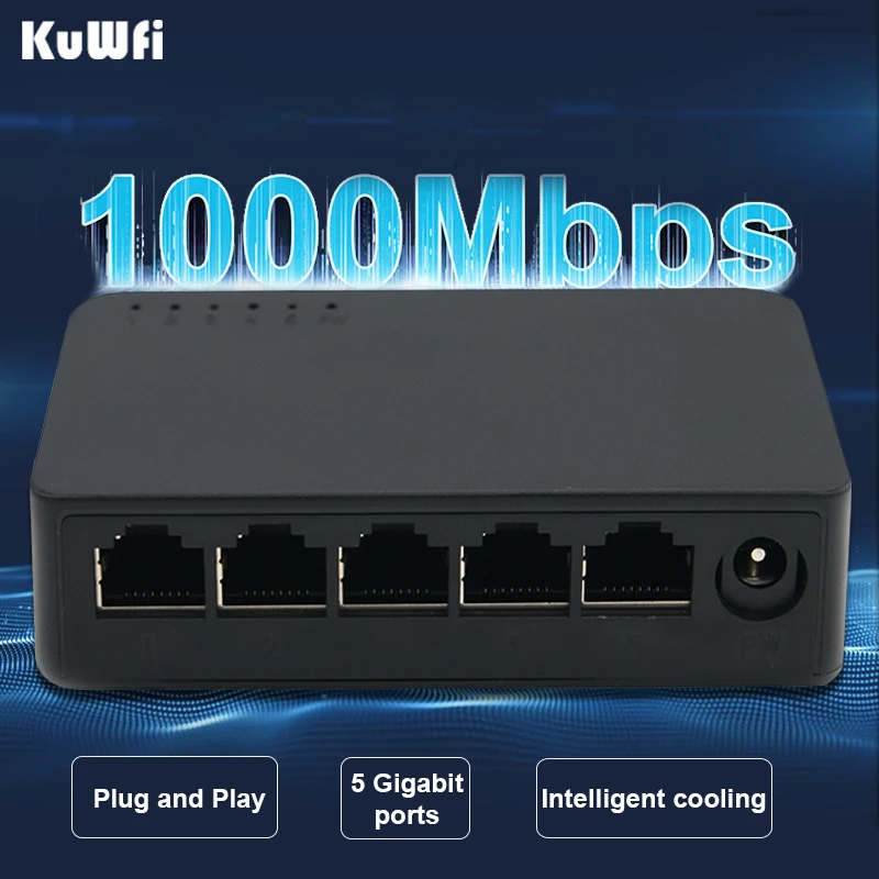 

KuWFi 5-портовый гигабитный коммутатор 10/100/1000 Мбит/с Fast Ethernet Switcher 4K Молниезащита Интеллектуальный коммутатор Поддержка IEEE802.3x