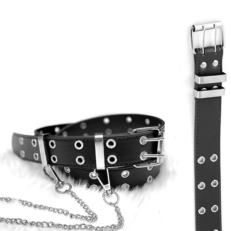 

Fashion Womens Leather Belts Double Grommet Detachable Chain 1.3" Wide Faux Leather Casual Waist Belt for Jeans Pants