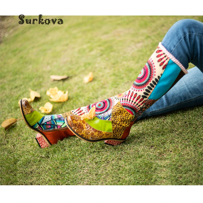 Retro Ethnic Style Women's Boots Gradient Lace Embroidery Prints Knee High Boots Round Toe Mid-Heeled Zip Punk Dress Party Shoes