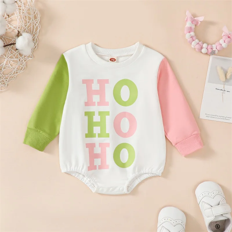 

Рождественский Комбинезон для маленьких девочек и мальчиков, комбинезон контрастных цветов с длинным рукавом, круглым вырезом и надписью