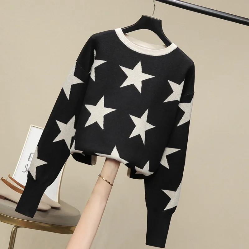

Wool Blend Sweater For Women, Black Color Crop Tops, Full Skeeves Star Knit Jumpers, Autumn Pullovers, Cardigans, Sweatshirt