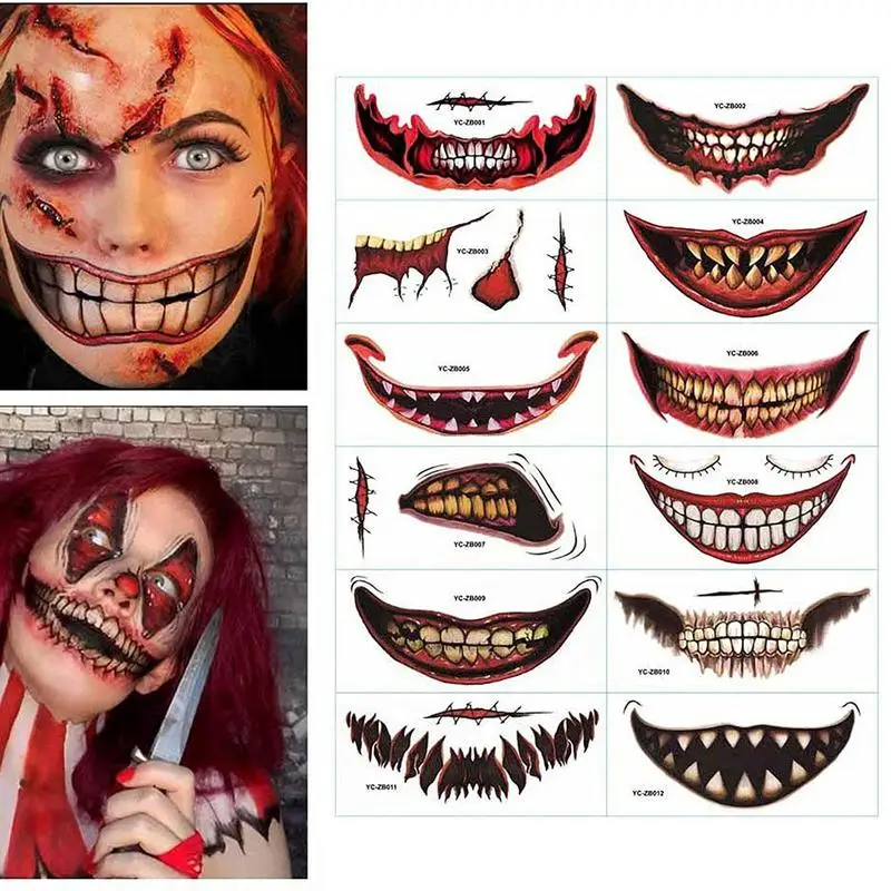 

Halloween Temporary Tattoo 12 Pcs Breathable Adhesive Realistic Prank Makeup Props Skin-friendly Mouth Face Decals Halloween