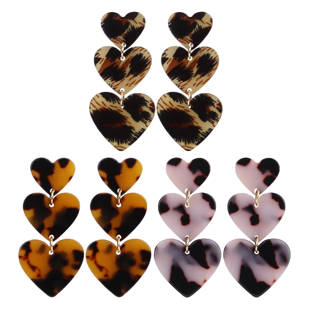 

2023 Leopard Print Hearts Long Acrylic Drop Earrings for Women Vintage Resin Geometric Love Heart Dangle Earrings Jewelry Gifts