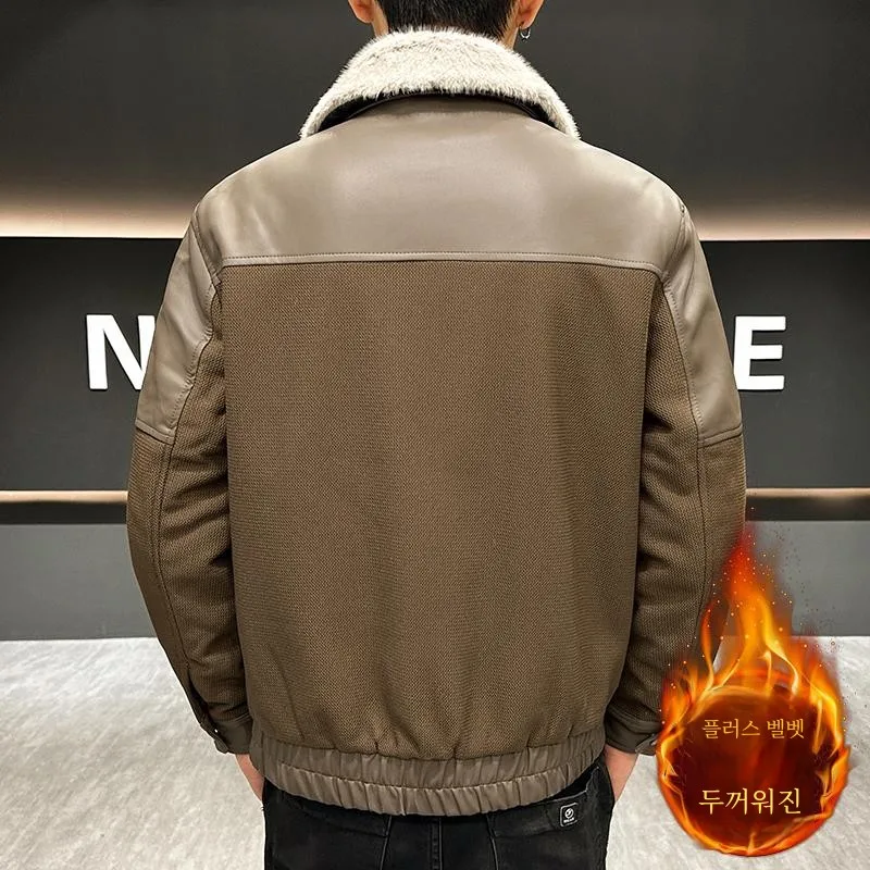 Мужское кожаное пальто молодежное зимнее модное на флисовой подкладке модная