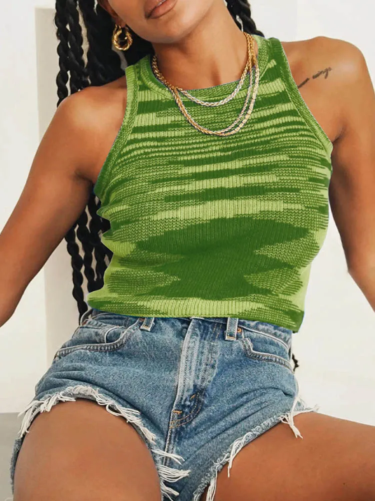 Женский трикотажный укороченный топ без рукавов голубой Повседневный винтажный