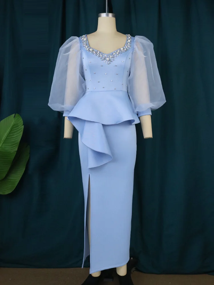 Plus Size Women Dreeses Square Neck Stud Beads Perspective Lantern Sleeve Dress Elegant Banquet Dress One-step Dress Partydress