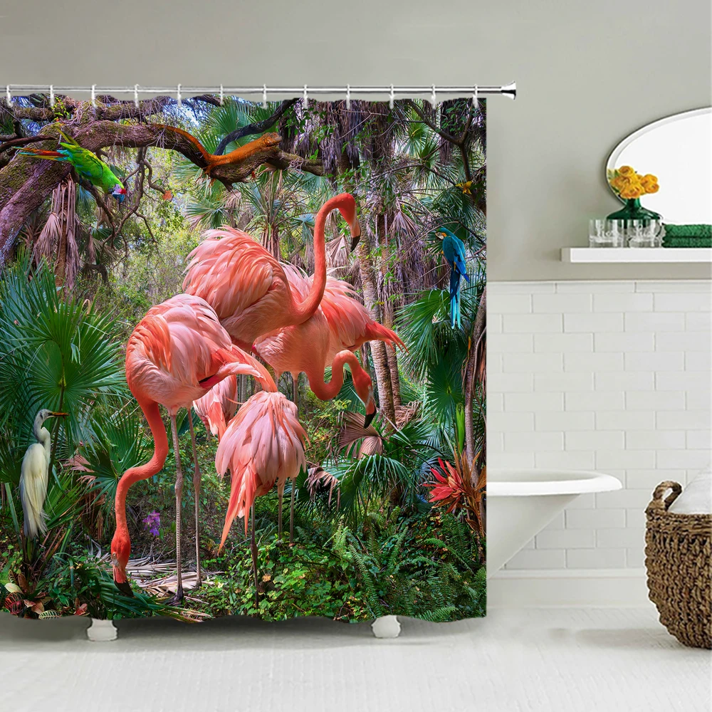 

Flamingo Shower Curtains Green Leaf Bathroom Waterproof Polyester Fabric Printing Shower Curtain Decoration Bath Screen