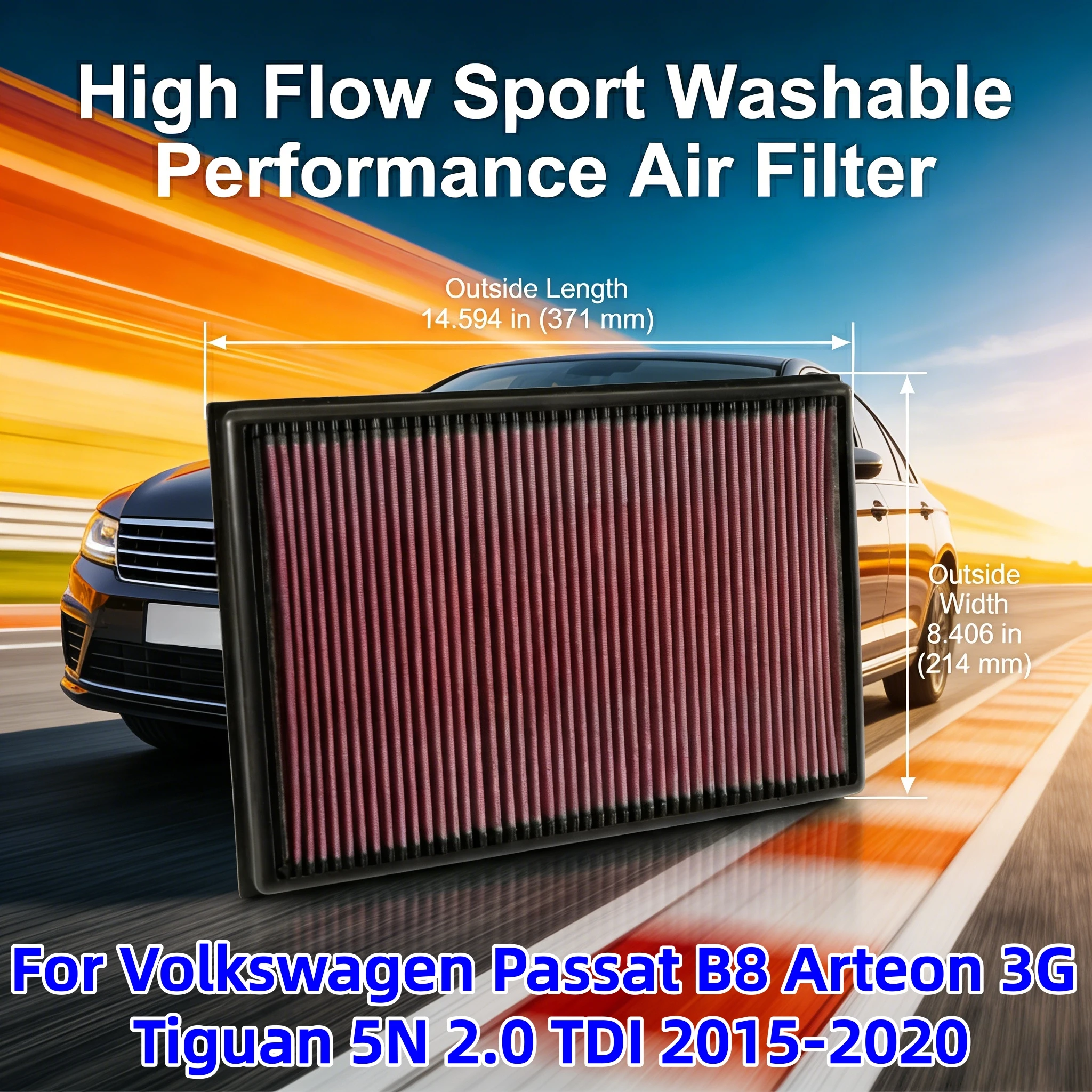 Фото Для Volkswagen Passat B8 Arteon 3G Tiguan 5N 2.0 TDI 2015-2020: Высокопроизводительный спортивный моющийся воздушный фильтр 33-3036 3Q0129620 №1