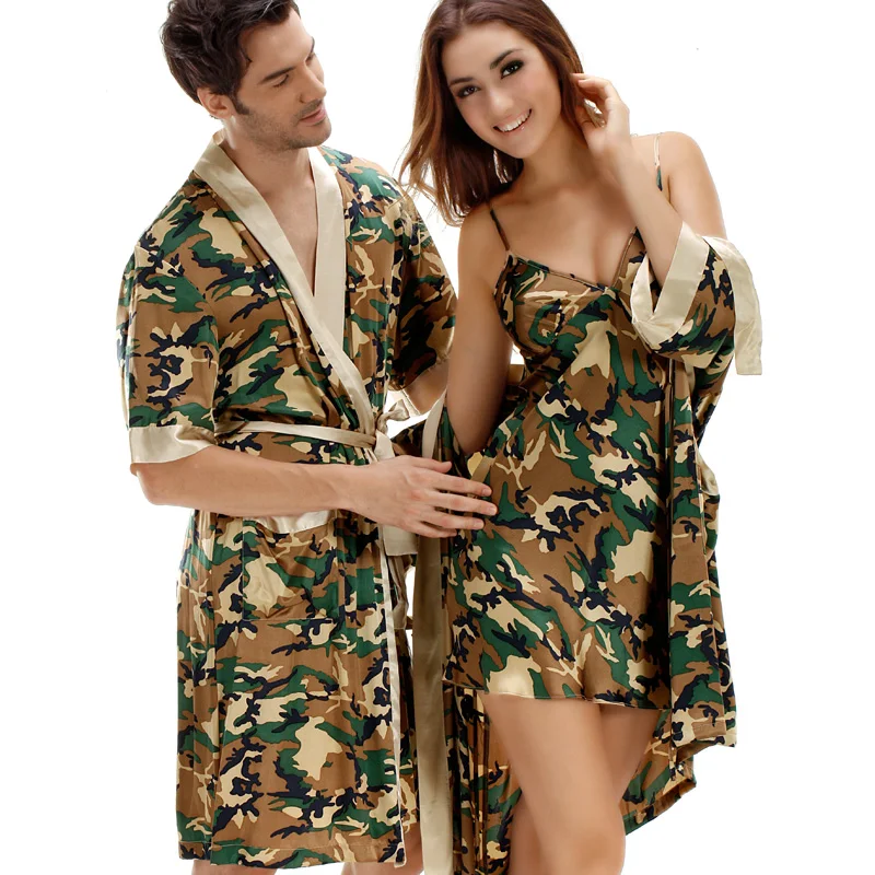 Couple Bathrobes Men's Satin Robe Summer Kimono Bath Robes Army Camo Dressing Gowns for Men and Women Silk Pajamas Men Sleepwear