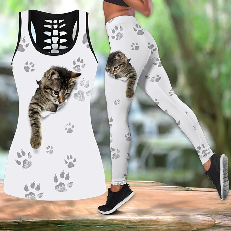 

Summer Style Baby Cat Combo Outfit Legging + Hollow Tank for Women Fitness Women Leggings