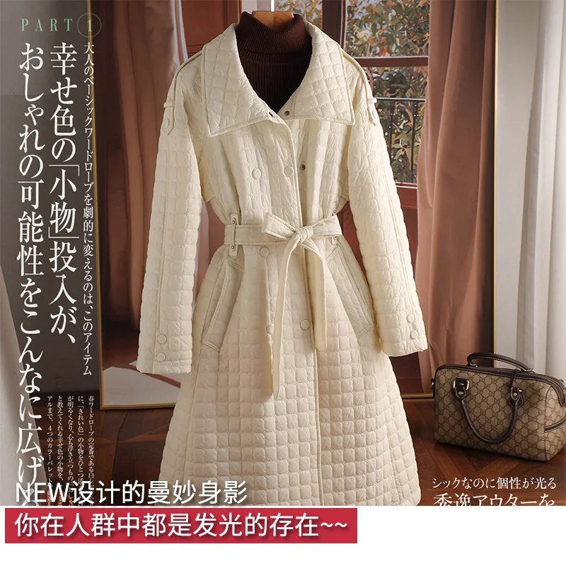 Thin Long Duck Jacket Women 90%  White Goose Down  Office Lady  Covered Button  Adjustable Waist  Abrigos Mujer Invierno 2022