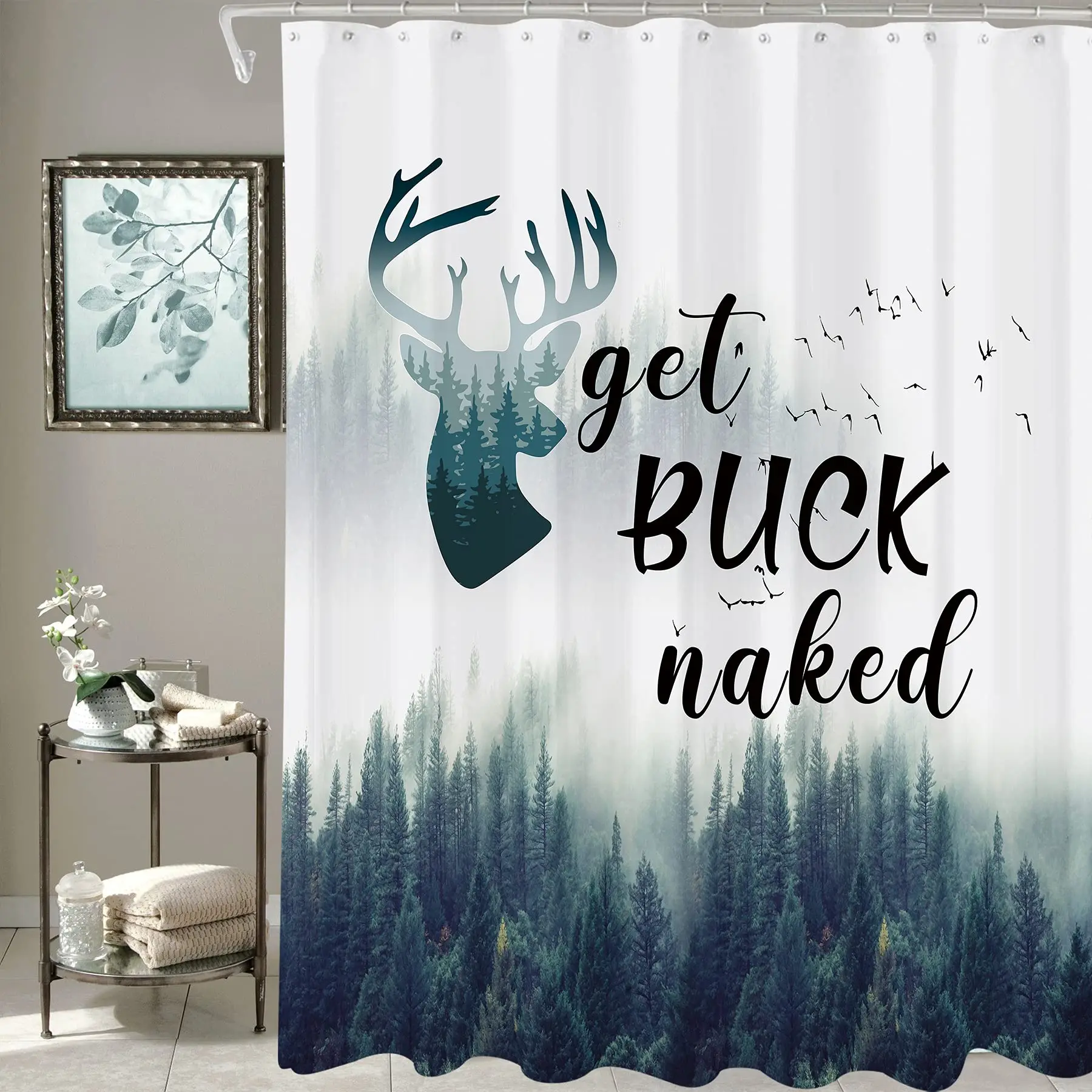 

Get Buck Naked Forest Bathroom Shower Curtain Watercolor Nature Foggy Misty Pine Tree For Landscape Woodland Waterproof Fabric