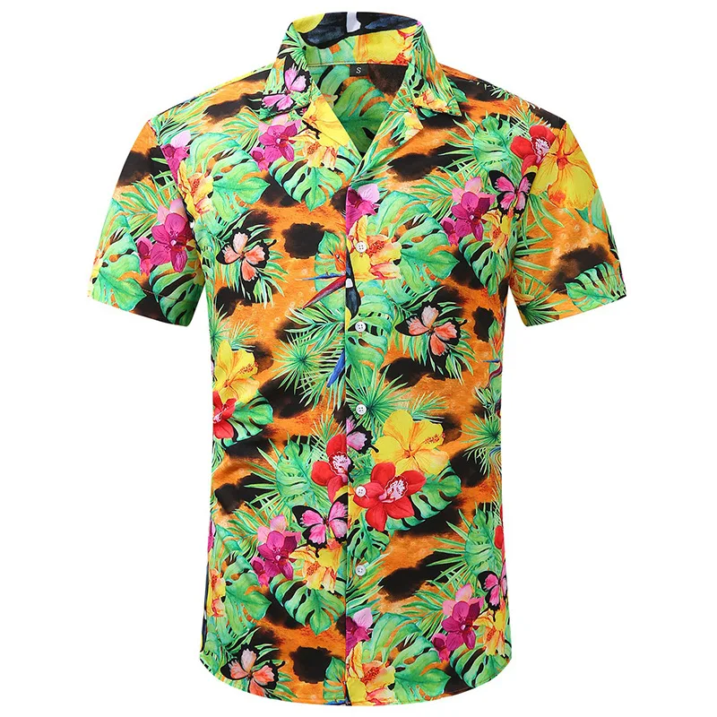 

Men's Summer Polyester Short Sleeve Shirt Wood Leaf Printed Pattern Hawaiian Beach Male Shirts Casual Blouse For Men Clothing
