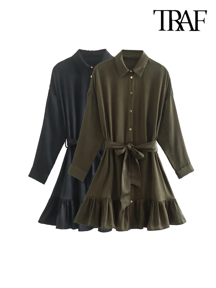 

TRAF Women Fashion With Belt Ruffled Satin Mini Shirt Dress Vintage Long Sleeve Front Gold Button Female Dresses Vestidos